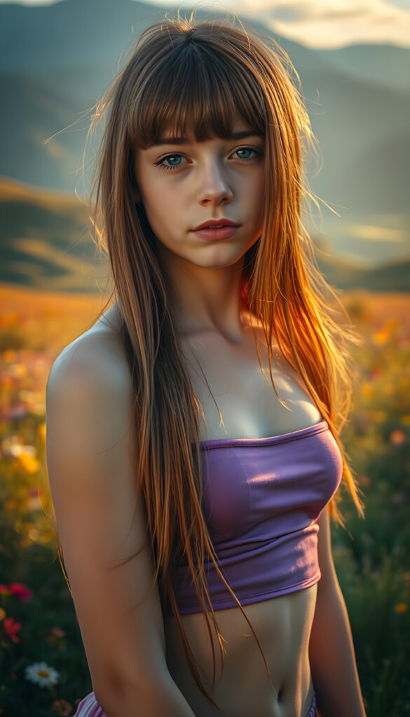 A dynamic, high-resolution image of a young, graceful teen girl with an ethereal presence. She stands on a lush, vibrant meadow, her long, straight, crimson hair cascading like a waterfall of autumn leaves. Her bangs frame her delicate face, accentuating her sparkling blue eyes. She wears a purple thin cropped spaghetti tank top that shimmers in the sunlight, blending with the surrounding flora. The scene is bathed in warm, golden-hour light, casting soft shadows and highlighting the intricate details of her features. In the background, rolling hills covered in wildflowers and distant mountains create a serene, dreamlike atmosphere. The composition emphasizes her youthful beauty and serene demeanor, with a focus on symmetry and harmonious color contrasts.
