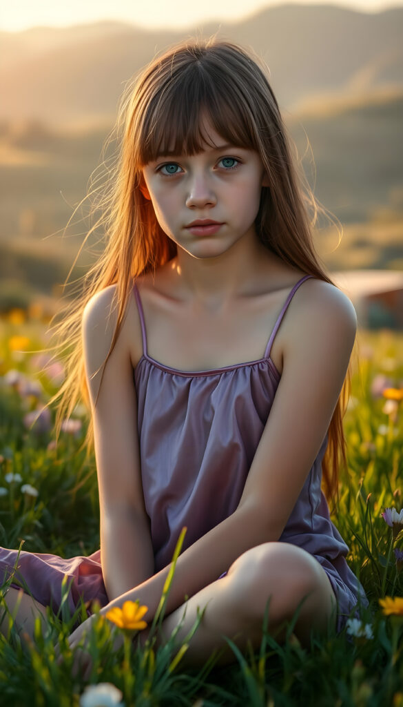 A dynamic, high-resolution image of a young, graceful girl with an ethereal presence. She sits on a lush, vibrant meadow, her long, straight, crimson hair cascading like a waterfall of autumn leaves and has the same length. Her bangs frame her delicate face, accentuating her sparkling blue eyes. She wears a flowing, iridescent purple tank top that shimmers in the sunlight, blending with the surrounding flora. The scene is bathed in warm, golden-hour light, casting soft shadows and highlighting the intricate details of her features. In the background, rolling hills covered in wildflowers and distant mountains create a serene, dreamlike atmosphere. The composition emphasizes her youthful beauty and serene demeanor, with a focus on symmetry and harmonious color contrasts.