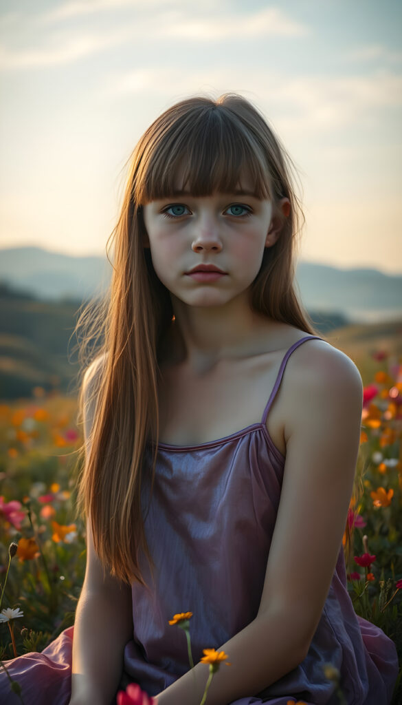 A dynamic, high-resolution image of a young, graceful girl with an ethereal presence. She sits on a lush, vibrant meadow, her long, straight, crimson hair cascading like a waterfall of autumn leaves and has the same length. Her bangs frame her delicate face, accentuating her sparkling blue eyes. She wears a flowing, iridescent purple tank top that shimmers in the sunlight, blending with the surrounding flora. The scene is bathed in warm, golden-hour light, casting soft shadows and highlighting the intricate details of her features. In the background, rolling hills covered in wildflowers and distant mountains create a serene, dreamlike atmosphere. The composition emphasizes her youthful beauty and serene demeanor, with a focus on symmetry and harmonious color contrasts.