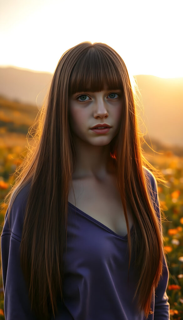 A dynamic, high-resolution image of a young, graceful busty teen girl with an ethereal presence. She stands on a lush, vibrant meadow, her long, straight, crimson hair cascading like a waterfall of autumn leaves. The hair is exactly the same length on both sides. Her bangs frame her delicate face, accentuating her sparkling blue eyes. She wears a purple fine hoodie that shimmers in the sunlight, blending with the surrounding flora. The scene is bathed in warm, golden-hour light, casting soft shadows and highlighting the intricate details of her features. In the background, rolling hills covered in wildflowers and distant mountains create a serene, dreamlike atmosphere. The composition emphasizes her youthful beauty and serene demeanor, with a focus on symmetry and harmonious color contrasts.