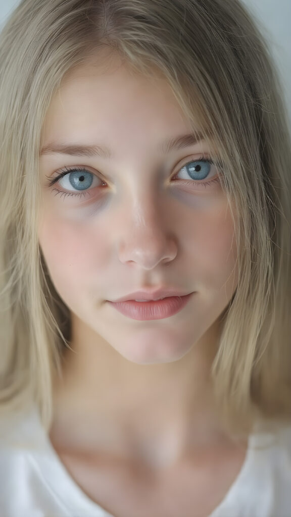 A (((extremely detailed and high-quality (((full body portrait))), ((zoomed in on the face))) of a (((cute, innocent, and Incredibly beautiful teen girl))) with ((straight soft long flowing hair)), ((natural detailed skin)), ((perfectly curved body)), and (((brightly detailed eyes))), that give off an ((extremely realistic, matching, and perfectly detailed appearance)), as if captured in a moment of pure ((cinematic beauty)). Her look exudes an air of ((utter sophistication)), with ((white clothes)), ((matching earrings)), and a ((coy smile)) that sends hearts fluttering. (((Empty background.))) ((Perfect anatomy.))