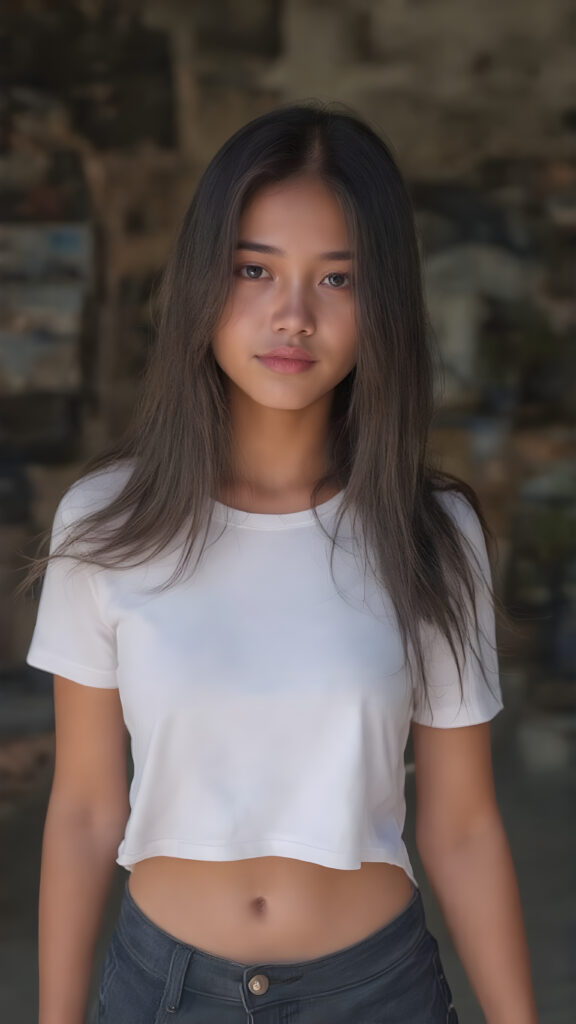 A (((extremely tanned cute young asian girl))), with long, flowing black hair, dressed in a very short tight ((white T-shirt)), (((dark denim shorts))). Her body is perfectly proportioned, with long, toned legs and a sleek, trim waist. She exudes an air of confidence and expertise.