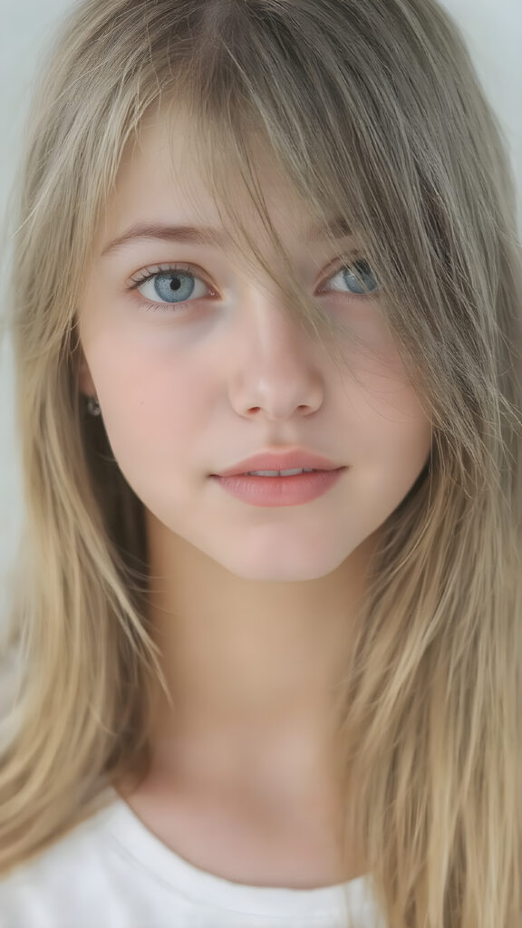 A (((extremely detailed and high-quality (((full body portrait))), ((zoomed in on the face))) of a (((cute, innocent, and Incredibly beautiful teen girl))) with ((straight soft long flowing hair)), ((natural detailed skin)), ((perfectly curved body)), and (((brightly detailed eyes))), that give off an ((extremely realistic, matching, and perfectly detailed appearance)), as if captured in a moment of pure ((cinematic beauty)). Her look exudes an air of ((utter sophistication)), with ((white clothes)), ((matching earrings)), and a ((coy smile)) that sends hearts fluttering. (((Empty background.))) ((Perfect anatomy.))