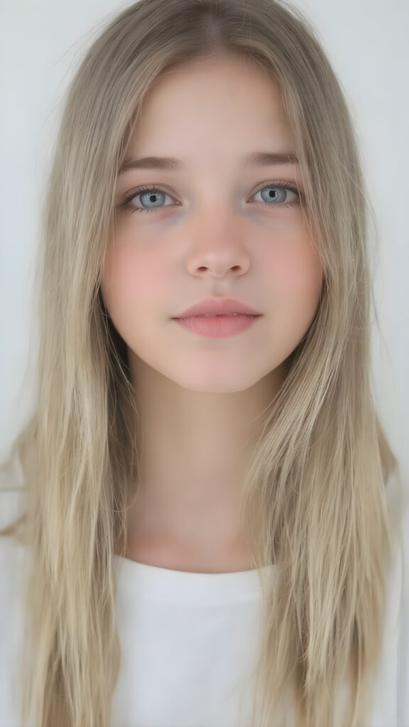 A (((extremely detailed and high-quality (((full body portrait))), ((zoomed in on the face))) of a (((cute, innocent, and Incredibly beautiful teen girl))) with ((straight soft long flowing hair)), ((natural detailed skin)), ((perfectly curved body)), and (((brightly detailed eyes))), that give off an ((extremely realistic, matching, and perfectly detailed appearance)), as if captured in a moment of pure ((cinematic beauty)). Her look exudes an air of ((utter sophistication)), with ((white clothes)), ((matching earrings)), and a ((coy smile)) that sends hearts fluttering. (((Empty background.))) ((Perfect anatomy.))