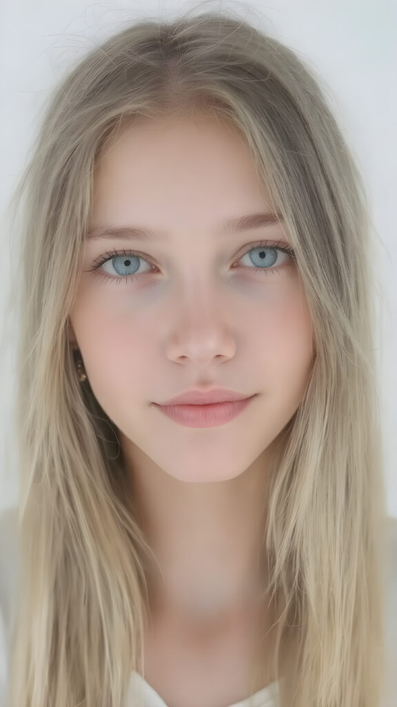 A (((extremely detailed and high-quality (((full body portrait))), ((zoomed in on the face))) of a (((cute, innocent, and Incredibly beautiful teen girl))) with ((straight soft long flowing hair)), ((natural detailed skin)), ((perfectly curved body)), and (((brightly detailed eyes))), that give off an ((extremely realistic, matching, and perfectly detailed appearance)), as if captured in a moment of pure ((cinematic beauty)). Her look exudes an air of ((utter sophistication)), with ((white clothes)), ((matching earrings)), and a ((coy smile)) that sends hearts fluttering. (((Empty background.))) ((Perfect anatomy.))