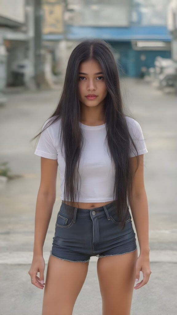 A (((extremely tanned cute young asian girl))), with long, flowing black hair, dressed in a very short tight ((white T-shirt)), (((dark denim shorts))). Her body is perfectly proportioned, with long, toned legs and a sleek, trim waist. She exudes an air of confidence and expertise.