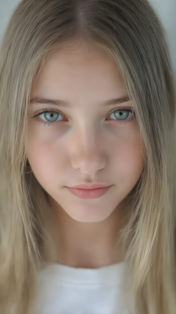 A (((extremely detailed and high-quality (((full body portrait))), ((zoomed in on the face))) of a (((cute, innocent, and Incredibly beautiful teen girl))) with ((straight soft long flowing hair)), ((natural detailed skin)), ((perfectly curved body)), and (((brightly detailed eyes))), that give off an ((extremely realistic, matching, and perfectly detailed appearance)), as if captured in a moment of pure ((cinematic beauty)). Her look exudes an air of ((utter sophistication)), with ((white clothes)), ((matching earrings)), and a ((coy smile)) that sends hearts fluttering. (((Empty background.))) ((Perfect anatomy.))