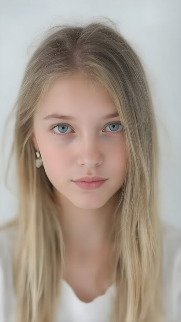 A (((extremely detailed and high-quality (((full body portrait))), ((zoomed in on the face))) of a (((cute, innocent, and Incredibly beautiful teen girl))) with ((straight soft long flowing hair)), ((natural detailed skin)), ((perfectly curved body)), and (((brightly detailed eyes))), that give off an ((extremely realistic, matching, and perfectly detailed appearance)), as if captured in a moment of pure ((cinematic beauty)). Her look exudes an air of ((utter sophistication)), with ((white clothes)), ((matching earrings)), and a ((coy smile)) that sends hearts fluttering. (((Empty background.))) ((Perfect anatomy.))