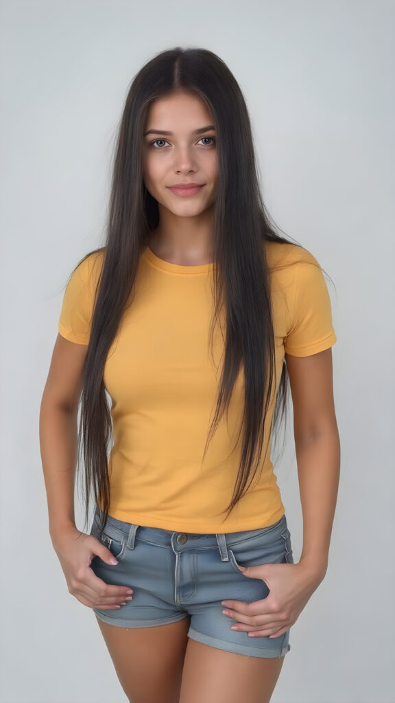 A ((extremely realistic)) (((full-body photograph))), featuring a (((young woman with exceptionally long, straight black hair))), poised confidently, clad in a (tight, glossy yellow t-shirt that accentuates her figure), perfectly complemented by (skintight, faded denim shorts), which give off an air of youthful vitality and happiness