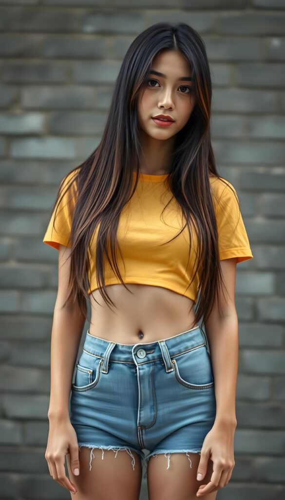 A ((extremely realistic)) (((photograph))), featuring a (((busty, young tanned asian teenage girl with hip-length long, straight black soft full hair and brown highlights, her hair falls gently over her body))), poised confidently, clad in a (tight, glossy cropped yellow t-shirt that accentuates her figure, cute round belly button), perfectly complemented by (skintight, faded denim shorts), which give off an air of youthful vitality and happiness, she stands in front of a gray brick wall