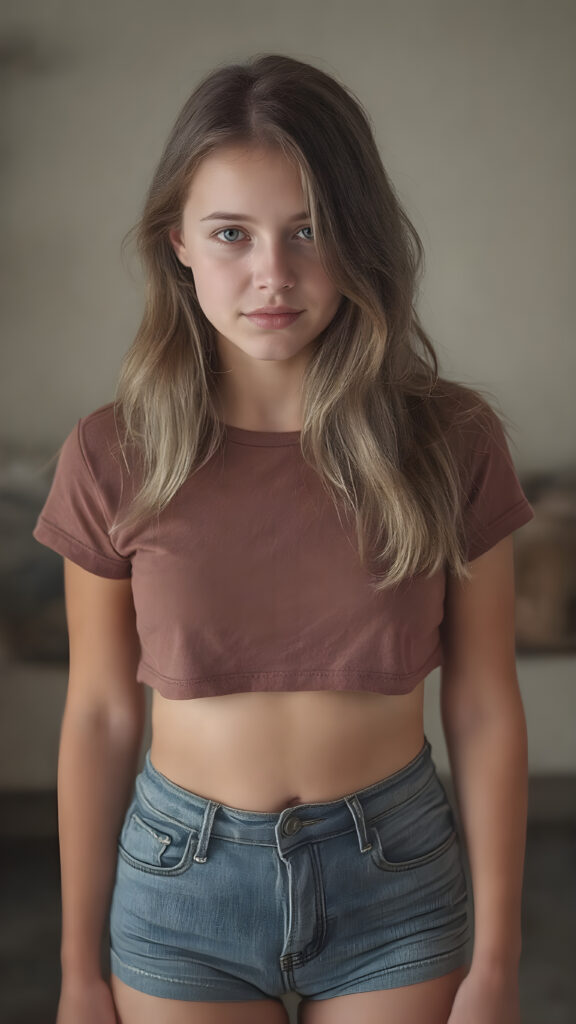 A ((extremely realistic)) (((photograph))), featuring a (((young adult teen girl, soft hair))), poised confidently, clad in a (tight, glossy cropped COLOR t-shirt that accentuates her figure) and (skintight, faded denim shorts), which give off an air of youthful vitality and happiness, modern photo studio