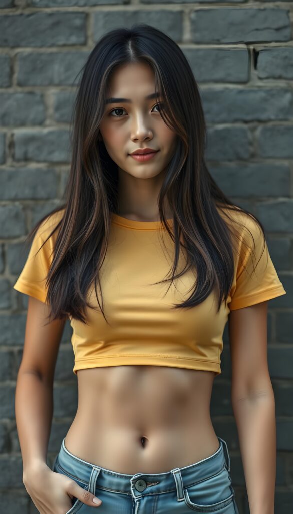A ((extremely realistic)) (((photograph))), featuring a (((busty, young tanned asian teenage girl with hip-length long, straight black soft full hair and brown highlights, her hair falls gently over her body))), poised confidently, clad in a (tight, glossy cropped yellow t-shirt that accentuates her figure, cute round belly button), perfectly complemented by (skintight, faded denim shorts), which give off an air of youthful vitality and happiness, she stands in front of a gray brick wall