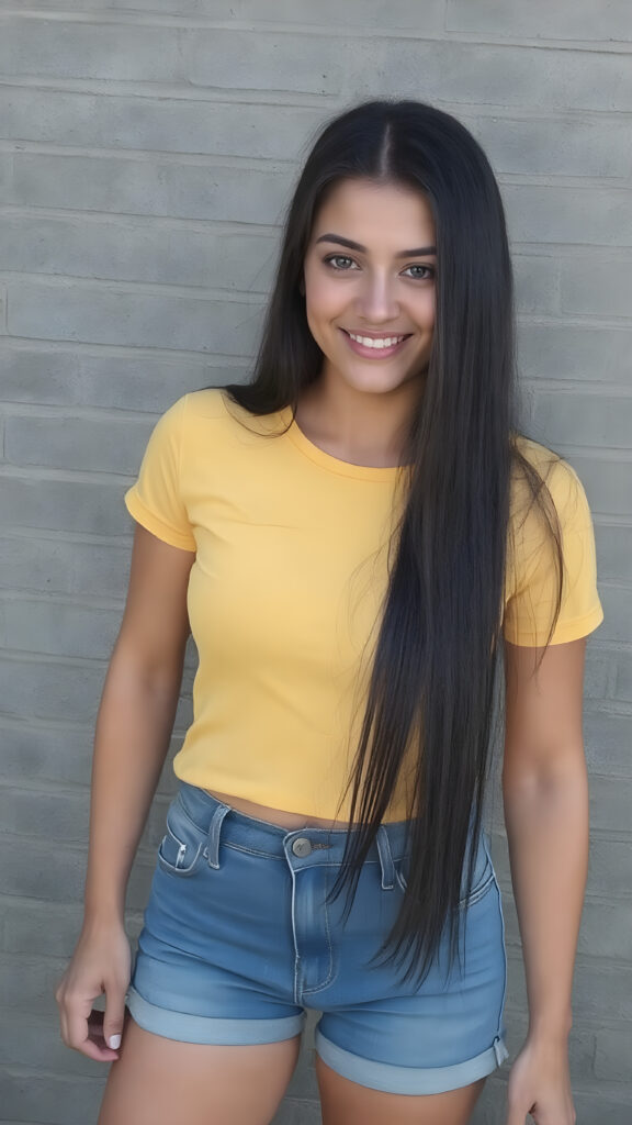 A ((extremely realistic)) (((full-body photograph))), featuring a (((young woman with exceptionally long, straight black hair))), poised confidently, clad in a (tight, glossy yellow t-shirt that accentuates her figure), perfectly complemented by (skintight, faded denim shorts), which give off an air of youthful vitality and happiness, she stands in front of a gray brick wall