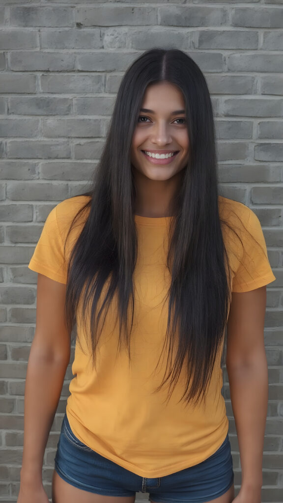 A ((extremely realistic)) (((full-body photograph))), featuring a (((young woman with exceptionally long, straight black hair))), poised confidently, clad in a (tight, glossy yellow t-shirt that accentuates her figure), perfectly complemented by (skintight, faded denim shorts), which give off an air of youthful vitality and happiness, she stands in front of a gray brick wall