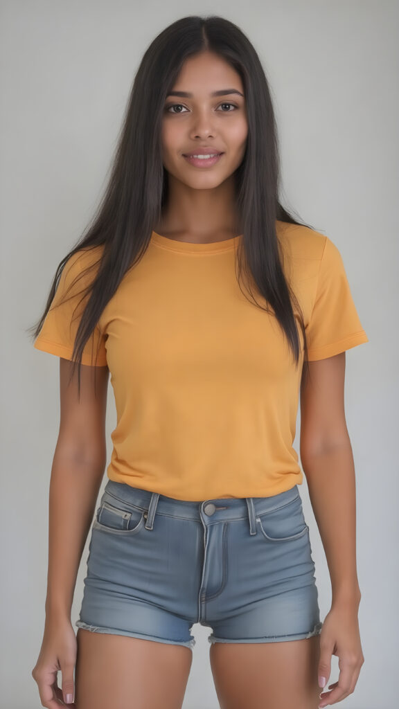 A ((extremely realistic)) (((full-body photograph))), featuring a (((young woman with exceptionally long, straight black hair))), poised confidently, clad in a (tight, glossy yellow t-shirt that accentuates her figure), perfectly complemented by (skintight, faded denim shorts), which give off an air of youthful vitality and happiness