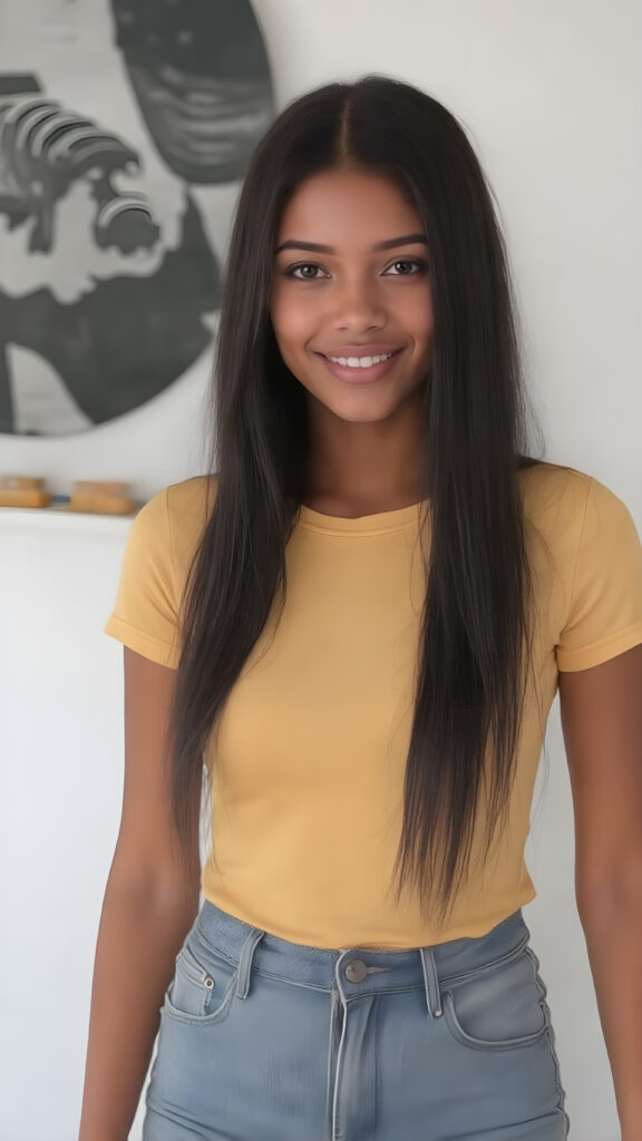 A ((extremely realistic)) (((full-body photograph))), featuring a (((young woman with exceptionally long, straight black hair))), poised confidently, clad in a (tight, glossy yellow t-shirt that accentuates her figure), perfectly complemented by (skintight, faded denim shorts), which give off an air of youthful vitality and happiness