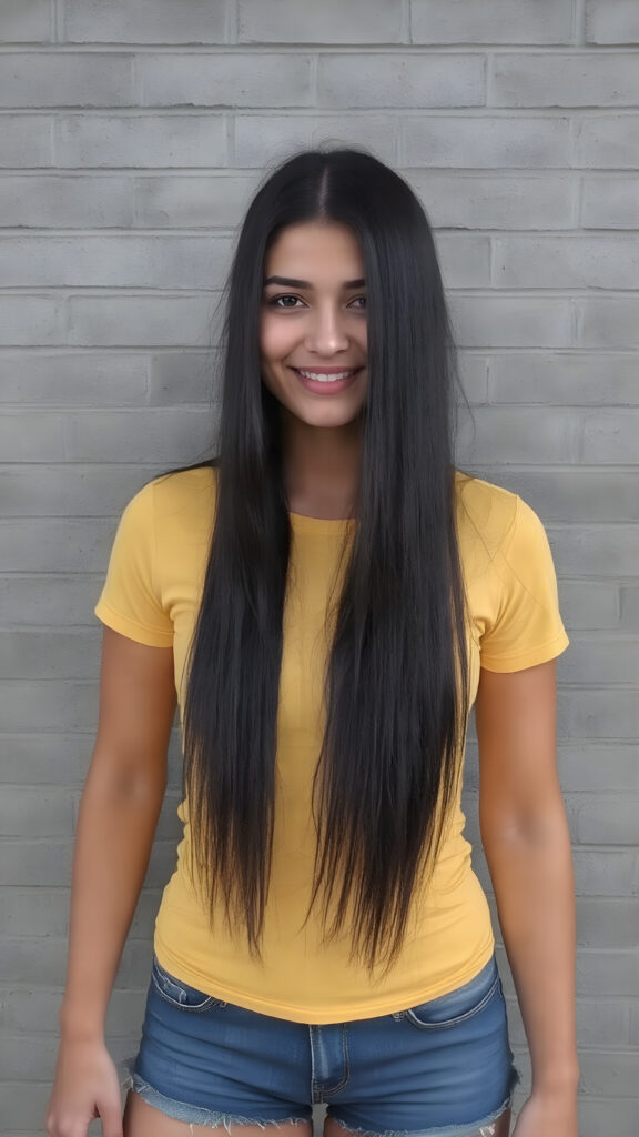 A ((extremely realistic)) (((full-body photograph))), featuring a (((young woman with exceptionally long, straight black hair))), poised confidently, clad in a (tight, glossy yellow t-shirt that accentuates her figure), perfectly complemented by (skintight, faded denim shorts), which give off an air of youthful vitality and happiness, she stands in front of a gray brick wall