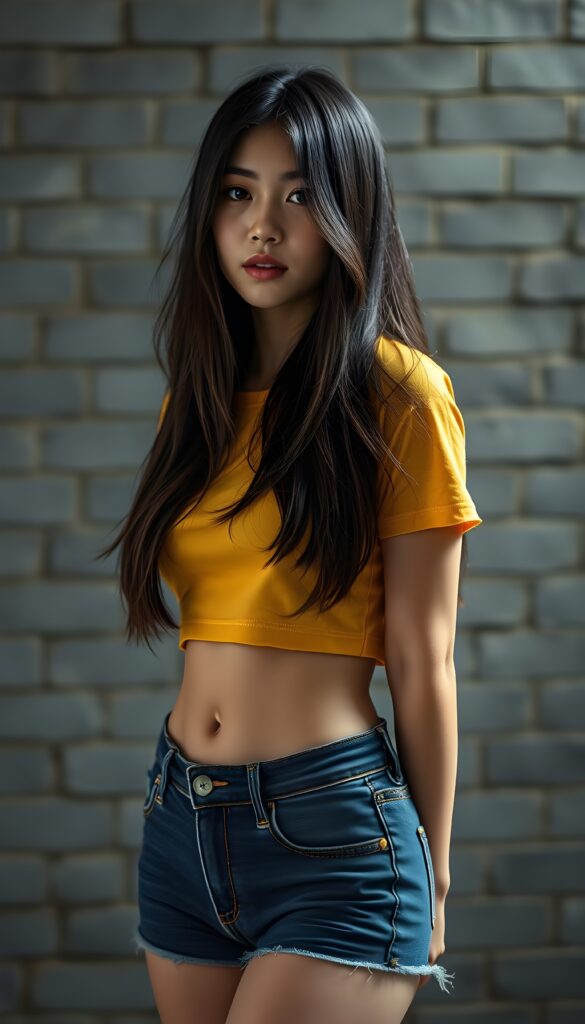A ((extremely realistic)) (((photograph))), featuring a (((busty, young tanned asian teenage girl with hip-length long, straight black soft full hair and brown highlights, her hair falls gently over her body))), poised confidently, clad in a (tight, glossy cropped yellow t-shirt that accentuates her figure, cute round belly button), perfectly complemented by (skintight, faded denim shorts), which give off an air of youthful vitality and happiness, she stands in front of a gray brick wall