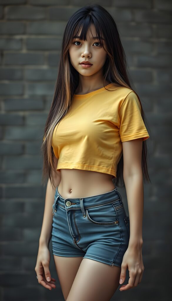A ((extremely realistic)) (((photograph))), featuring a (((busty, young tanned asian teenage girl with hip-length long, straight black soft full hair and brown highlights, her hair falls gently over her body))), poised confidently, clad in a (tight, glossy cropped yellow t-shirt that accentuates her figure, cute round belly button), perfectly complemented by (skintight, faded denim shorts), which give off an air of youthful vitality and happiness, she stands in front of a gray brick wall