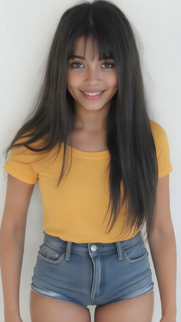 A ((extremely realistic)) (((full-body photograph))), featuring a (((young woman with exceptionally long, straight black hair))), poised confidently, clad in a (tight, glossy yellow t-shirt that accentuates her figure), perfectly complemented by (skintight, faded denim shorts), which give off an air of youthful vitality and happiness