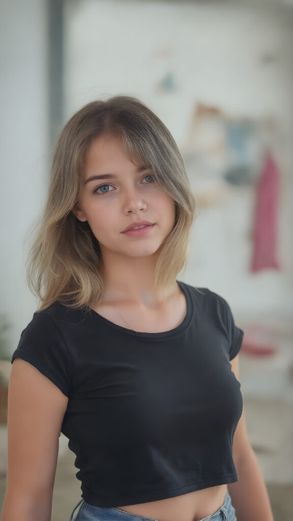 A ((extremely realistic)) (((photograph))), featuring a (((young adult teen girl, soft hair))), poised confidently, clad in a (tight, glossy cropped COLOR t-shirt that accentuates her figure) and (skintight, faded denim shorts), which give off an air of youthful vitality and happiness, modern photo studio
