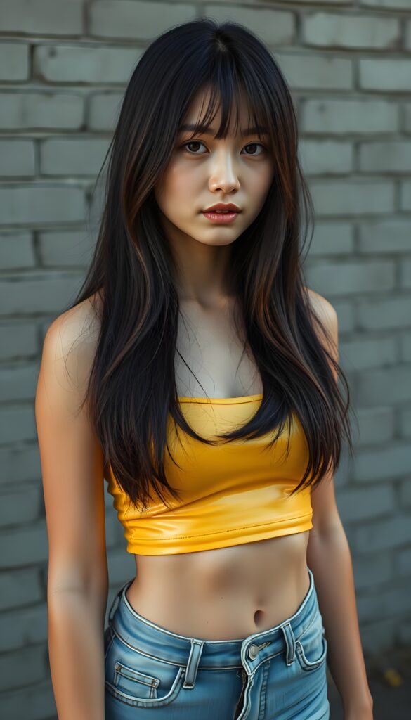 A ((extremely realistic)) (((photograph))), featuring a (((busty, young tanned asian teenage girl with hip-length long, straight black soft full hair and brown highlights, her hair falls gently over her body))), poised confidently, clad in a (tight, glossy cropped yellow tank top that accentuates her figure, cute round belly button), perfectly complemented by (skintight, faded denim shorts), which give off an air of youthful vitality and happiness, she stands in front of a gray brick wall