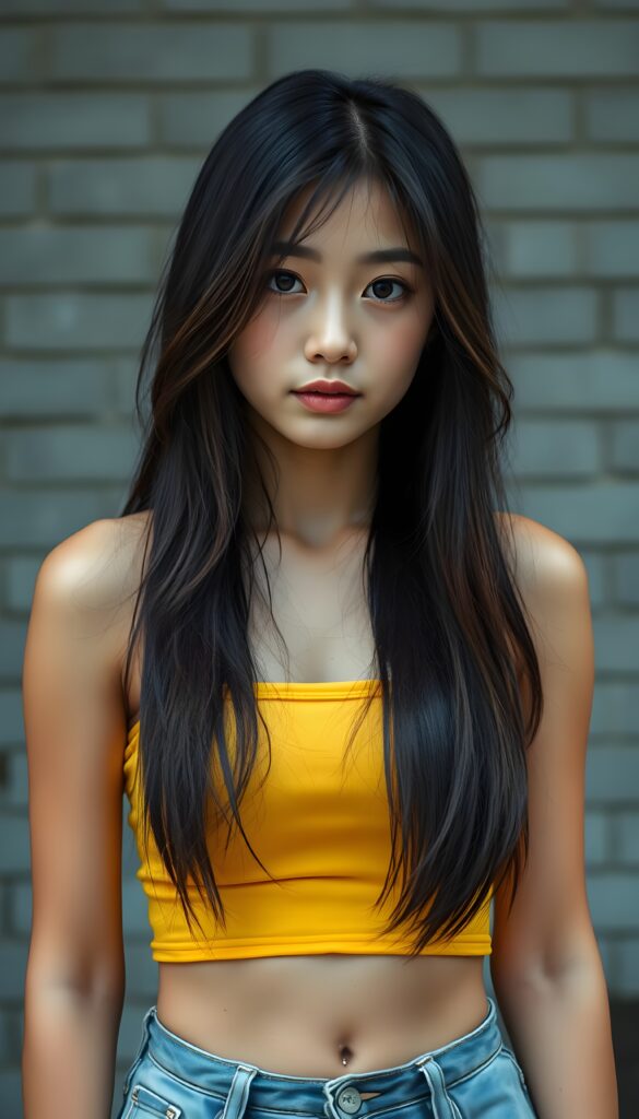 A ((extremely realistic)) (((photograph))), featuring a (((busty, young tanned asian teenage girl with hip-length long, straight black soft full hair and brown highlights, her hair falls gently over her body))), poised confidently, clad in a (tight, glossy cropped yellow tank top that accentuates her figure, cute round belly button), perfectly complemented by (skintight, faded denim shorts), which give off an air of youthful vitality and happiness, she stands in front of a gray brick wall