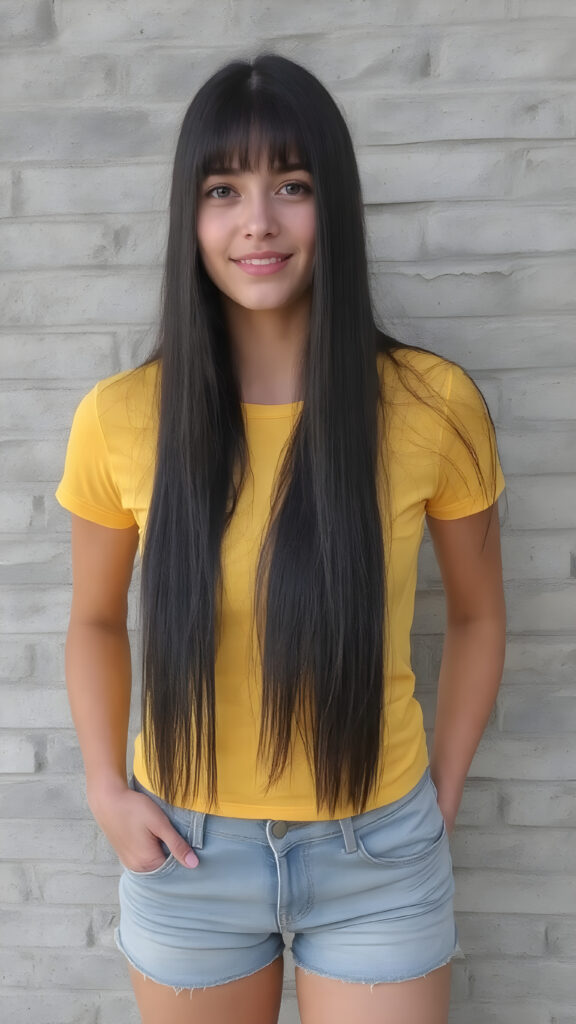 A ((extremely realistic)) (((full-body photograph))), featuring a (((young woman with exceptionally long, straight black hair))), poised confidently, clad in a (tight, glossy yellow t-shirt that accentuates her figure), perfectly complemented by (skintight, faded denim shorts), which give off an air of youthful vitality and happiness, she stands in front of a gray brick wall