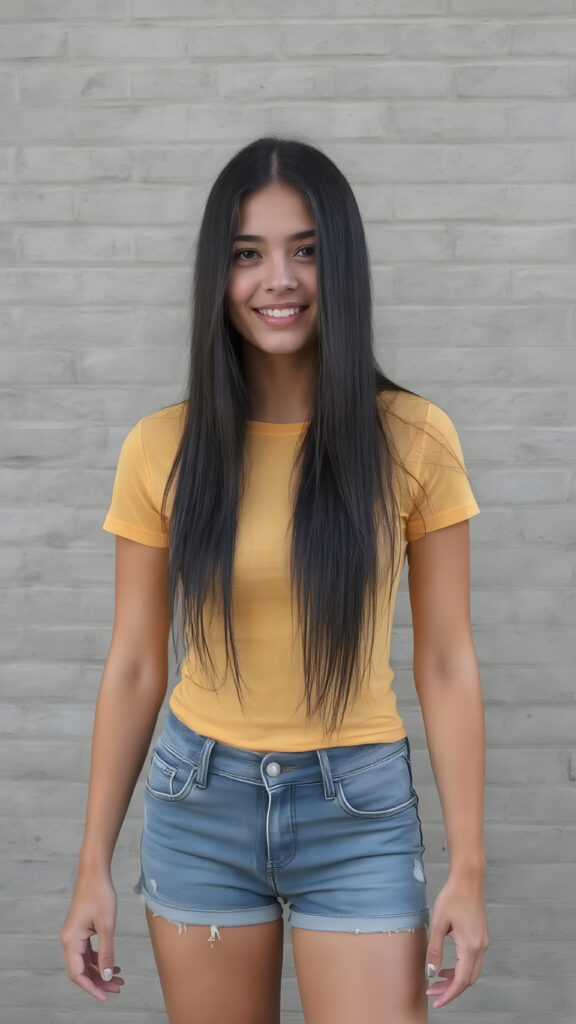 A ((extremely realistic)) (((full-body photograph))), featuring a (((young woman with exceptionally long, straight black hair))), poised confidently, clad in a (tight, glossy yellow t-shirt that accentuates her figure), perfectly complemented by (skintight, faded denim shorts), which give off an air of youthful vitality and happiness, she stands in front of a gray brick wall