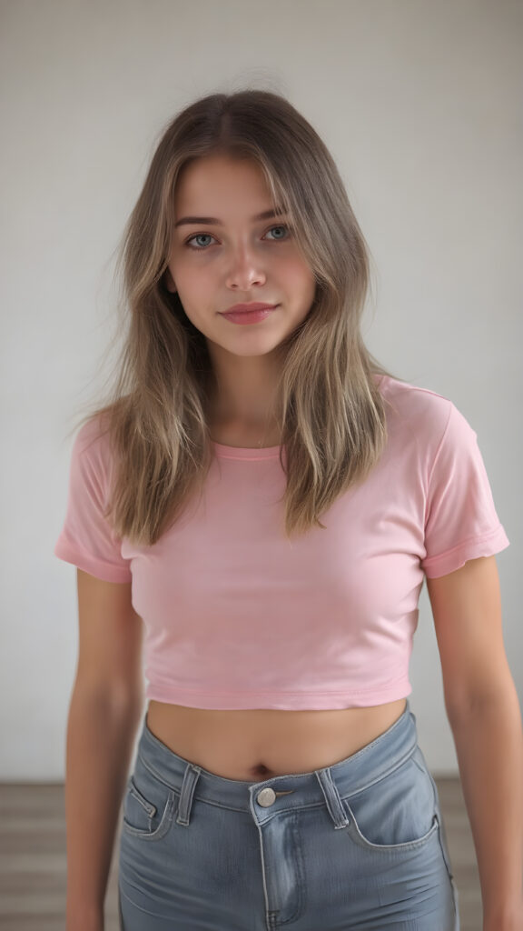 A ((extremely realistic)) (((photograph))), featuring a (((young adult teen girl, soft hair))), poised confidently, clad in a (tight, glossy cropped COLOR t-shirt that accentuates her figure) and (skintight, faded denim shorts), which give off an air of youthful vitality and happiness, modern photo studio
