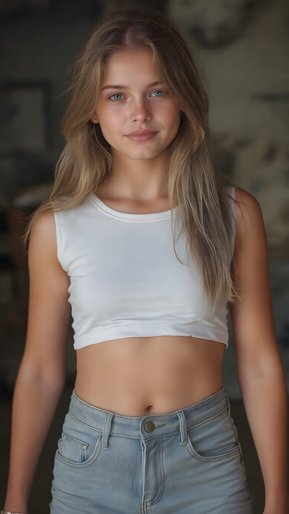 A ((extremely realistic)) (((photograph))), featuring a (((young adult teen girl, soft hair))), poised confidently, clad in a (tight, glossy cropped COLOR t-shirt that accentuates her figure) and (skintight, faded denim shorts), which give off an air of youthful vitality and happiness, modern photo studio