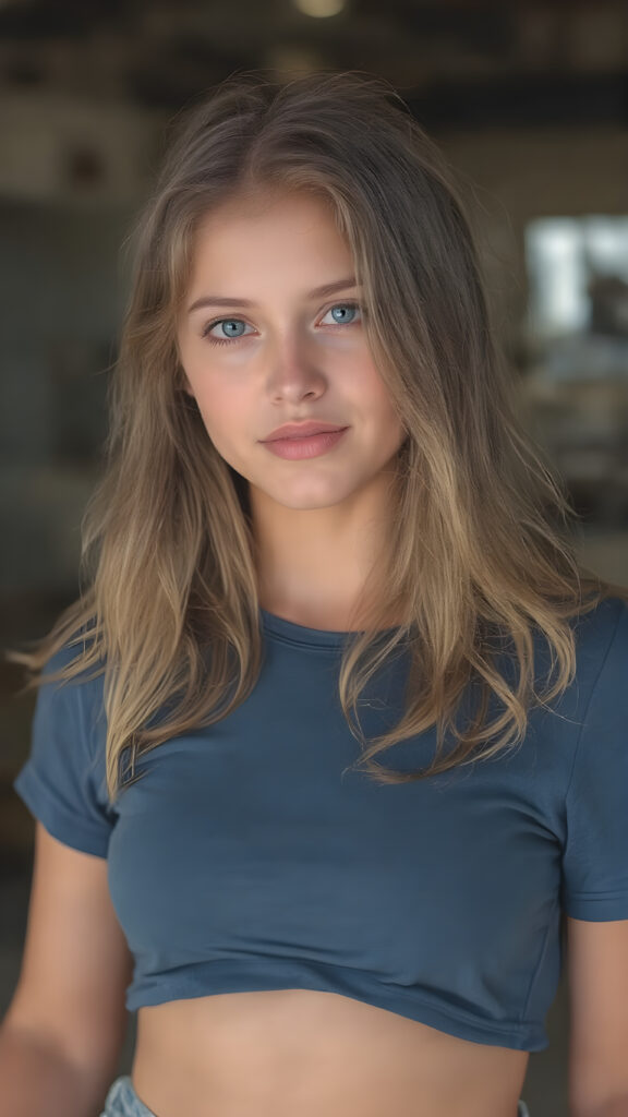 A ((extremely realistic)) (((photograph))), featuring a (((young adult teen girl, soft hair))), poised confidently, clad in a (tight, glossy cropped COLOR t-shirt that accentuates her figure) and (skintight, faded denim shorts), which give off an air of youthful vitality and happiness, modern photo studio