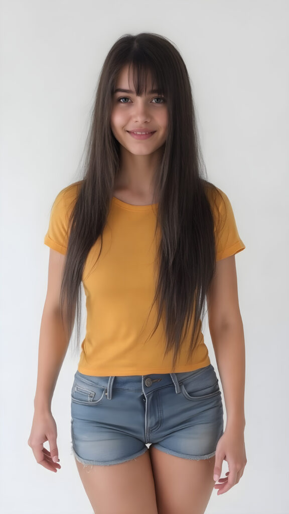 A ((extremely realistic)) (((full-body photograph))), featuring a (((young woman with exceptionally long, straight black hair))), poised confidently, clad in a (tight, glossy yellow t-shirt that accentuates her figure), perfectly complemented by (skintight, faded denim shorts), which give off an air of youthful vitality and happiness