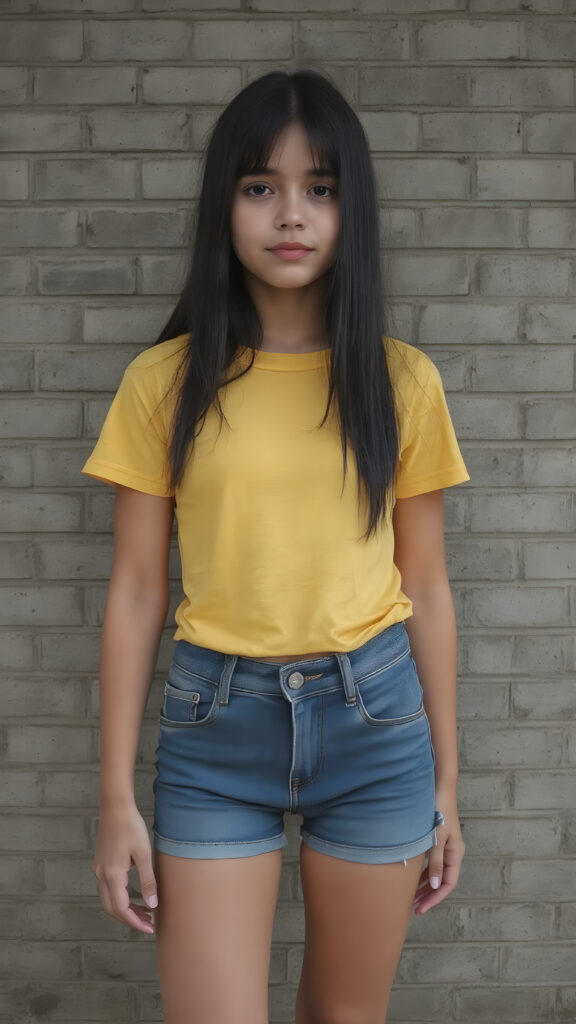 A ((extremely realistic)) (((photograph))), featuring a (((young girl with exceptionally long, straight black hair, her hair falls gently over her body))), poised confidently, clad in a (tight, glossy yellow t-shirt that accentuates her figure), perfectly complemented by (skintight, faded denim shorts), which give off an air of youthful vitality and happiness, she stands in front of a gray brick wall