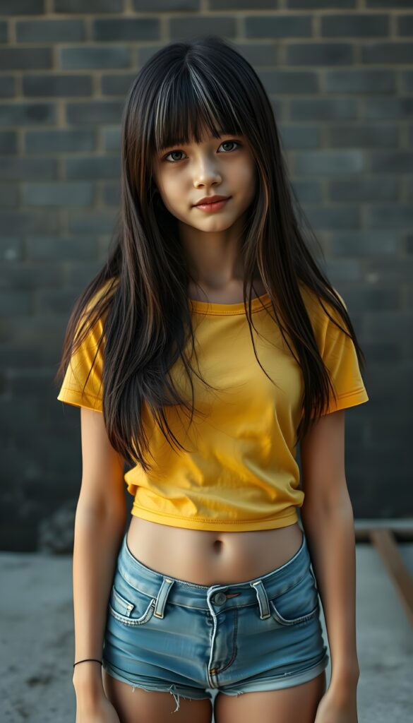 A ((extremely realistic)) (((photograph))), featuring a (((busty, young tanned asian teenage girl with hip-length long, straight black soft full hair and brown highlights, her hair falls gently over her body))), poised confidently, clad in a (tight, glossy cropped yellow t-shirt that accentuates her figure, cute round belly button), perfectly complemented by (skintight, faded denim shorts), which give off an air of youthful vitality and happiness, she stands in front of a gray brick wall