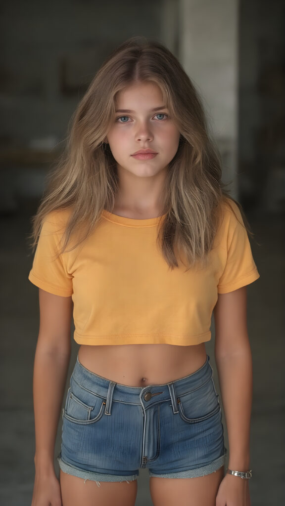 A ((extremely realistic)) (((photograph))), featuring a (((young adult teen girl, soft hair))), poised confidently, clad in a (tight, glossy cropped COLOR t-shirt that accentuates her figure) and (skintight, faded denim shorts), which give off an air of youthful vitality and happiness, modern photo studio