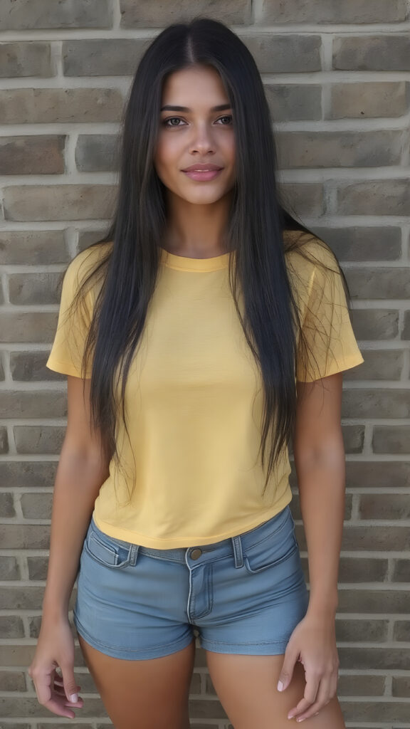 A ((extremely realistic)) (((full-body photograph))), featuring a (((young woman with exceptionally long, straight black hair))), poised confidently, clad in a (tight, glossy yellow t-shirt that accentuates her figure), perfectly complemented by (skintight, faded denim shorts), which give off an air of youthful vitality and happiness, she stands in front of a gray brick wall