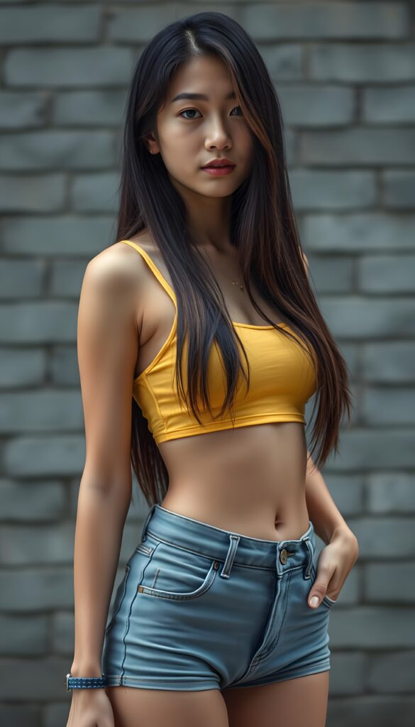 A ((extremely realistic)) (((photograph))), featuring a (((busty, young tanned asian teenage girl with hip-length long, straight black soft full hair and brown highlights, her hair falls gently over her body))), poised confidently, clad in a (tight, glossy cropped yellow tank top that accentuates her figure, cute round belly button), perfectly complemented by (skintight, faded denim shorts), which give off an air of youthful vitality and happiness, she stands in front of a gray brick wall
