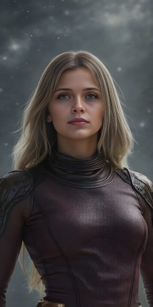 A (((fantastic space girl))) with a sleek, ((leather armor)), adorned with intricate, interwoven patterns that give off a glow, blending seamlessly with her (very futuristic silhouettes), in a (super detailed, high-resolution, full-body shot), under a (softly glowing starry night sky) backdrop, illustrating a sense of (extreme detail and advanced technology) that captures the essence of a (realistic, space fantasy) visual masterpiece