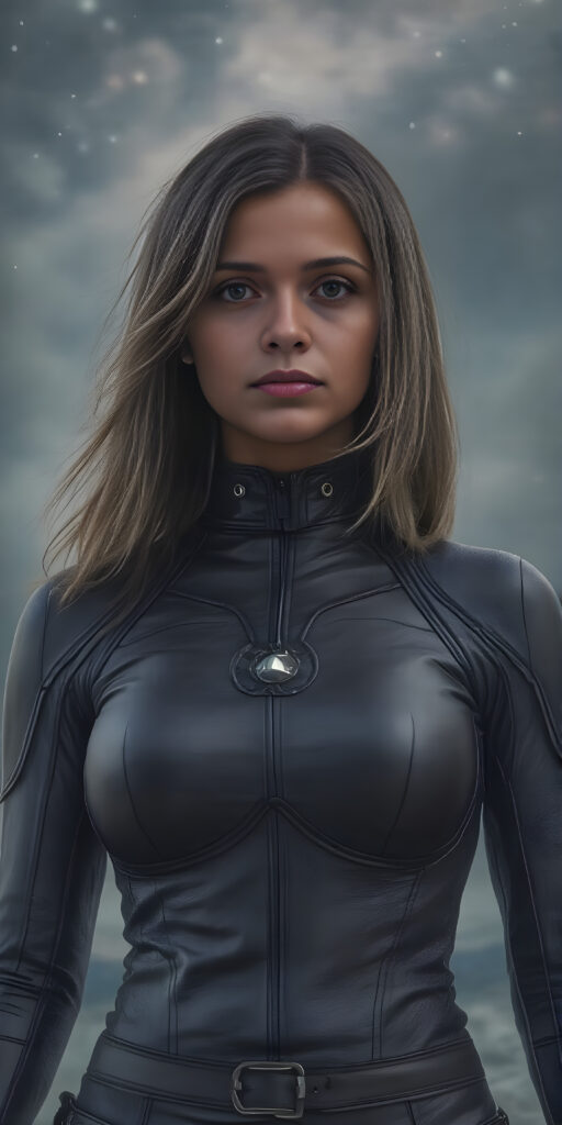 A (((fantastic space girl))) with a sleek, ((leather armor)), adorned with intricate, interwoven patterns that give off a glow, blending seamlessly with her (very futuristic silhouettes), in a (super detailed, high-resolution, full-body shot), under a (softly glowing starry night sky) backdrop, illustrating a sense of (extreme detail and advanced technology) that captures the essence of a (realistic, space fantasy) visual masterpiece