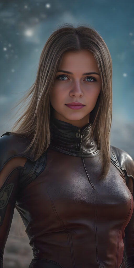 A (((fantastic space girl))) with a sleek, ((leather armor)), adorned with intricate, interwoven patterns that give off a glow, blending seamlessly with her (very futuristic silhouettes), in a (super detailed, high-resolution, full-body shot), under a (softly glowing starry night sky) backdrop, illustrating a sense of (extreme detail and advanced technology) that captures the essence of a (realistic, space fantasy) visual masterpiece