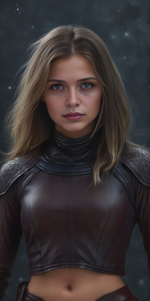 A (((fantastic space girl))) with a sleek, ((leather armor)), adorned with intricate, interwoven patterns that give off a glow, blending seamlessly with her (very futuristic silhouettes), in a (super detailed, high-resolution, full-body shot), under a (softly glowing starry night sky) backdrop, illustrating a sense of (extreme detail and advanced technology) that captures the essence of a (realistic, space fantasy) visual masterpiece