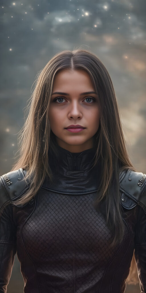 A (((fantastic space girl))) with a sleek, ((leather armor)), adorned with intricate, interwoven patterns that give off a glow, blending seamlessly with her (very futuristic silhouettes), in a (super detailed, high-resolution, full-body shot), under a (softly glowing starry night sky) backdrop, illustrating a sense of (extreme detail and advanced technology) that captures the essence of a (realistic, space fantasy) visual masterpiece