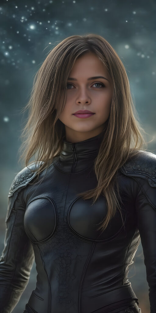 A (((fantastic space girl))) with a sleek, ((leather armor)), adorned with intricate, interwoven patterns that give off a glow, blending seamlessly with her (very futuristic silhouettes), in a (super detailed, high-resolution, full-body shot), under a (softly glowing starry night sky) backdrop, illustrating a sense of (extreme detail and advanced technology) that captures the essence of a (realistic, space fantasy) visual masterpiece