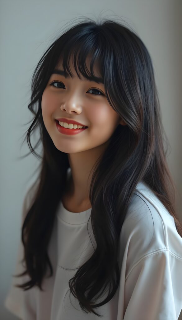 A fantastic upper body portrait from a young, pretty Asian girl smiles peacefully. She has soft, wavy black hair with light brown highlights and wears a white T-shirt. Enchanting. Fascinating. Her silky, soft hair falls to her shoulders and reflects the soft light. She has a flawless, gentle, round face, full, plump red lips, and white teeth. The girl is centered in the picture. Slightly view from the side.