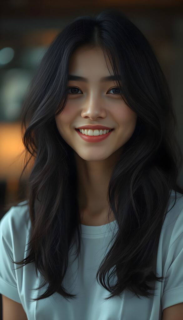 A fantastic upper body portrait from a young, pretty Asian girl smiles peacefully. She has soft, wavy black hair with light brown highlights and wears a white T-shirt. Enchanting. Fascinating. Her silky, soft hair falls to her shoulders and reflects the soft light. She has a flawless, gentle, round face, full, plump red lips, and white teeth. The girl is centered in the picture. Slightly view from the side.