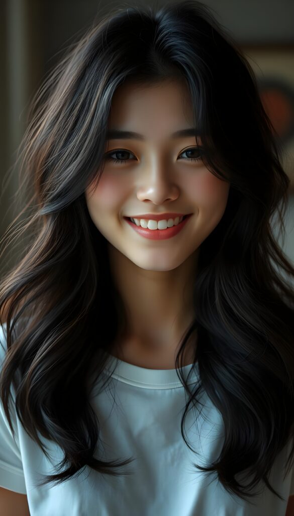 A fantastic upper body portrait from a young, pretty Asian girl smiles peacefully. She has soft, wavy black hair with light brown highlights and wears a white T-shirt. Enchanting. Fascinating. Her silky, soft hair falls to her shoulders and reflects the soft light. She has a flawless, gentle, round face, full, plump red lips, and white teeth. The girl is centered in the picture. Slightly view from the side.