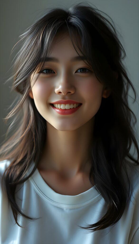 A fantastic upper body portrait from a young, pretty Asian girl smiles peacefully. She has soft, wavy black hair with light brown highlights and wears a white T-shirt. Enchanting. Fascinating. Her silky, soft hair falls to her shoulders and reflects the soft light. She has a flawless, gentle, round face, full, plump red lips, and white teeth. The girl is centered in the picture. Slightly view from the side.
