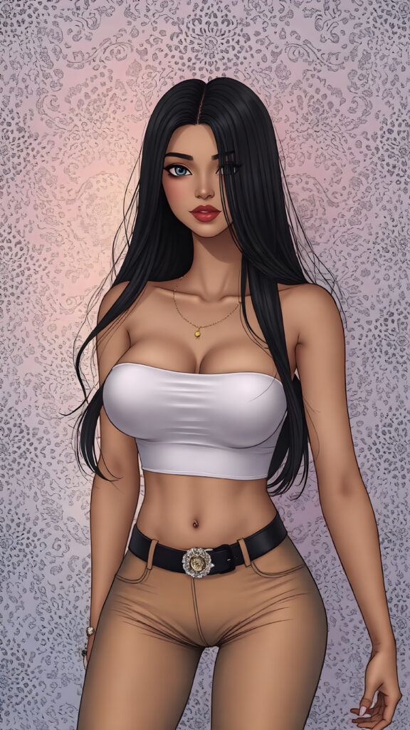 A (((fantastically super cute and well busty girl))) with long, flowing black hair that frames her face perfectly, sporting (((brightly colored, tight fitting 'hot pants' and a sleek, cropped top in a (((white and blue theme))), accessorizing with sleek, luxe details like intricate doilies and a (((highly detailed, vibrant backdrop) featuring a blend of (abstract white and blue patterns) that evoke a sense of extreme detail and luxurious opulence