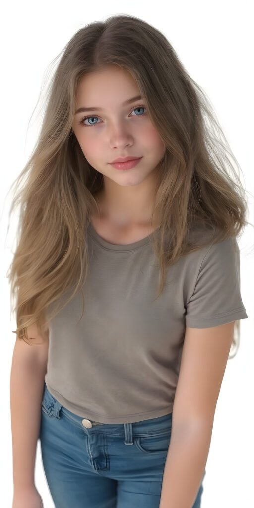 A (((fantastically (((full body portrait))) of a (((cute, realistic teen girl))) with a ((detailed long brown-gold full hair, big bright ((light blue eyes)), and a gentle smile)), dressed in a ((thin form-fitting short t-shirt that accentuates her toned form, and perfectly complements her ((skin tight jeans)), which draw attention to her slender thighs. She exudes an air of ((confident grace)), as if she's a ((professional model)) posing for a high-resolution image that captures her essence of beauty. She stands out not only for her striking appearance but also for her warm, inviting demeanor. Her flawless skin is evident, with a ((clear complexion)) that adds to her overall allure. The image is a masterpiece and a testament to the quality of work that can be found on ArtStation, where she exudes a sense of confidence and grace